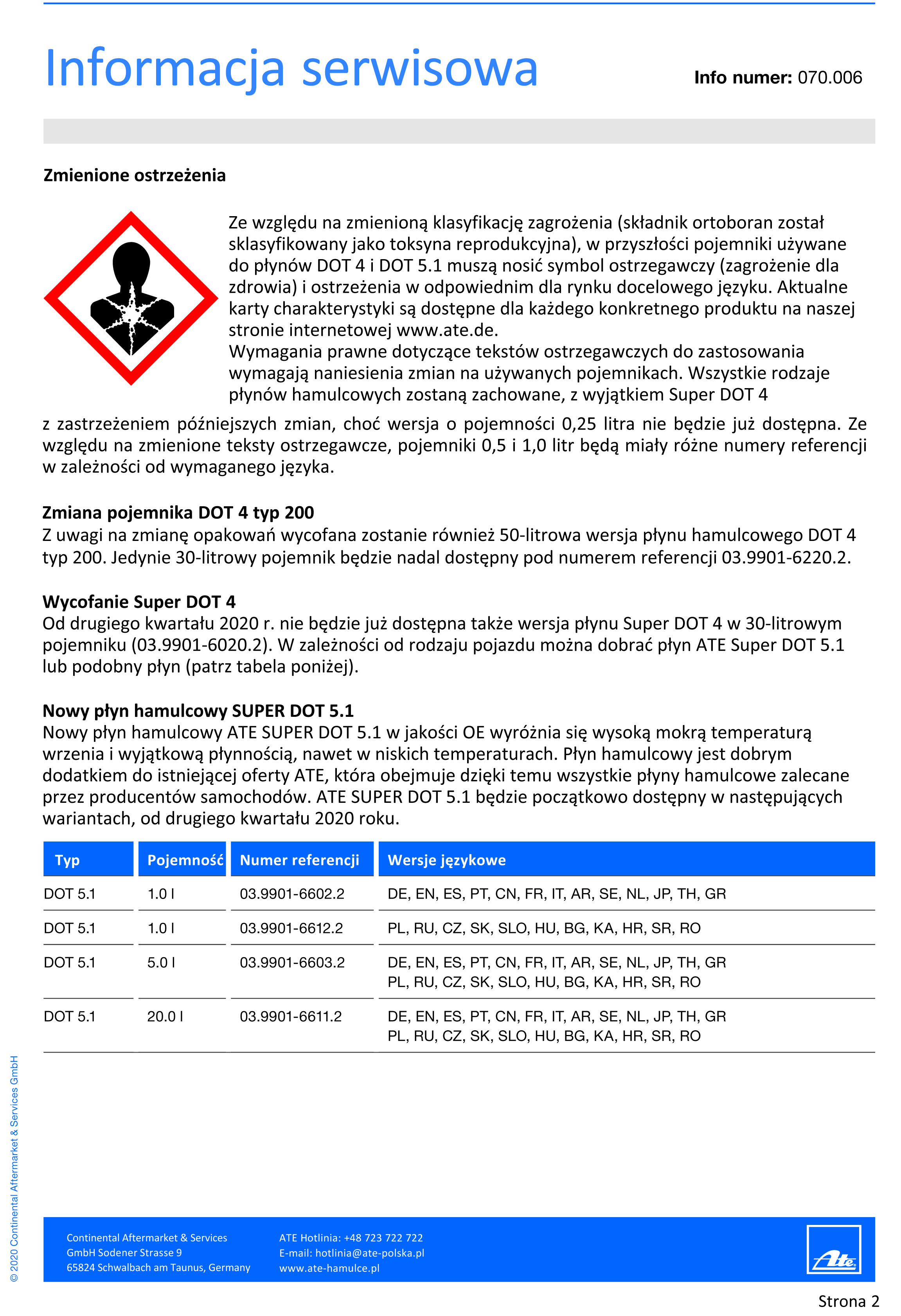 Informacja serwisowa dotycząca zmian oznaczeń na opakowania DOT